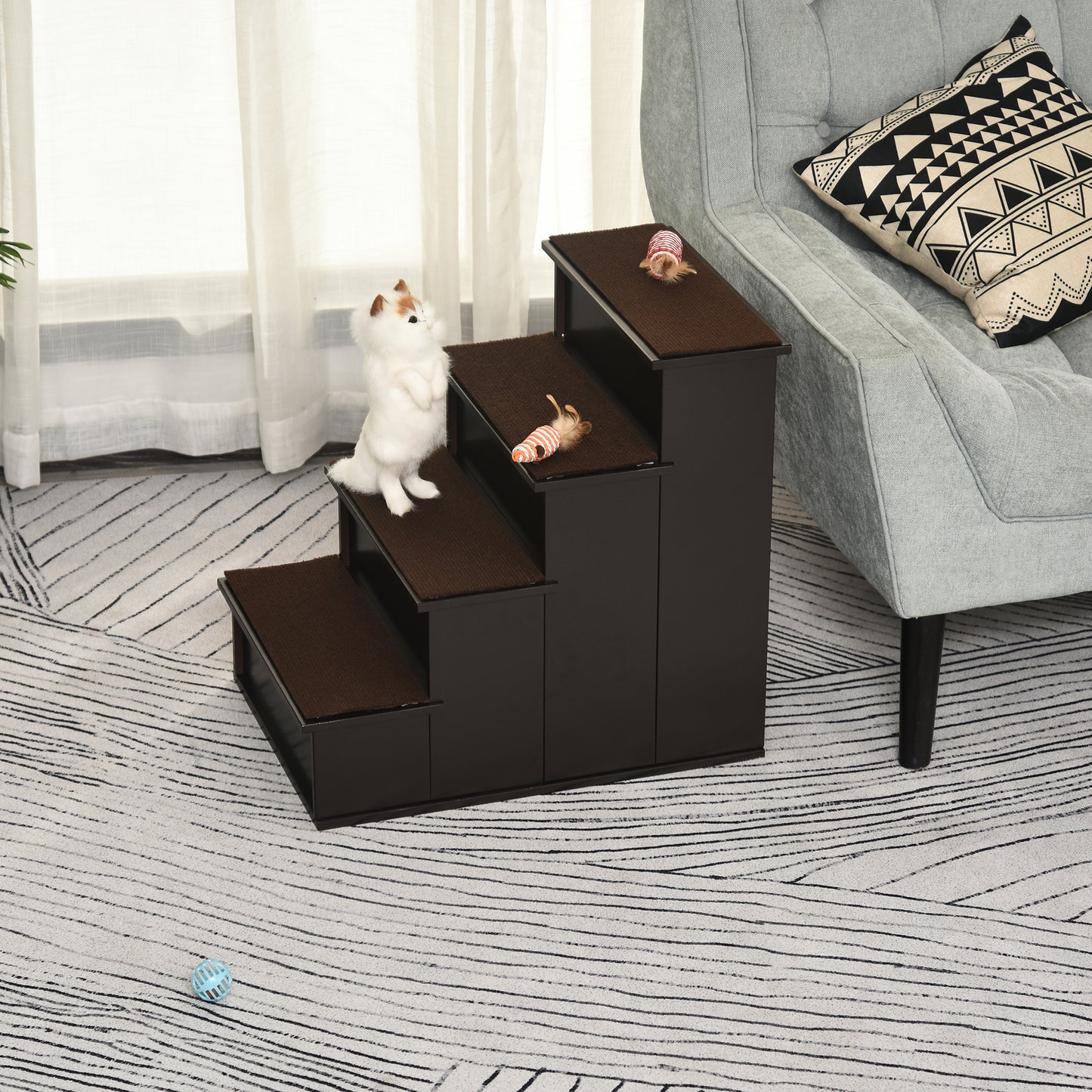 4 Levels Wooden Dog Steps Pet Stairs for High Bed, Cat Ladder for Bed Couch with Non-Slip Carpet, Dark Coffee