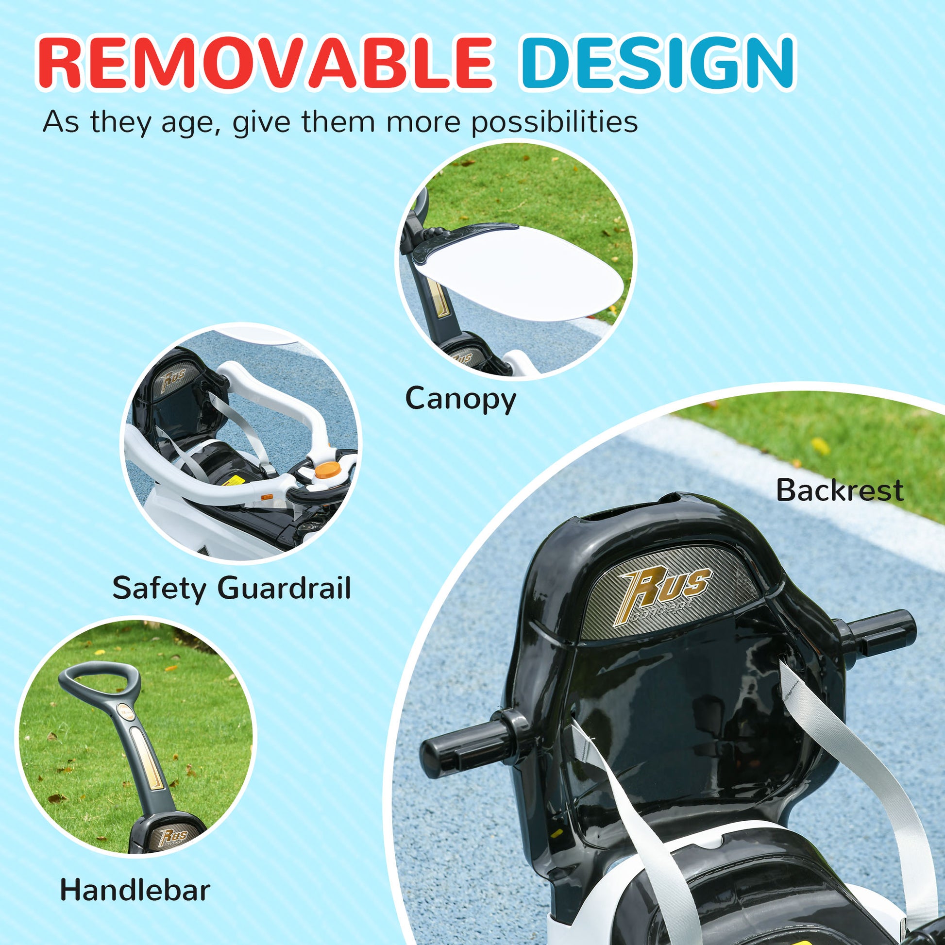 Qaba 3 in 1 Kids Push Car Toddler Sliding Car, Foot to Floor Design with Music, Light, Handle, Removable Canopy, White