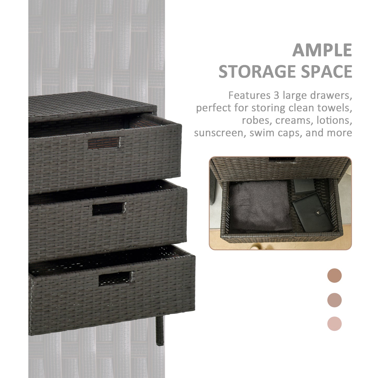 32" Poolside Rattan Wicker Patio Organizer Storage Cabinet Bathroom Storage w/ 3 Large Drawers Garden Outdoor