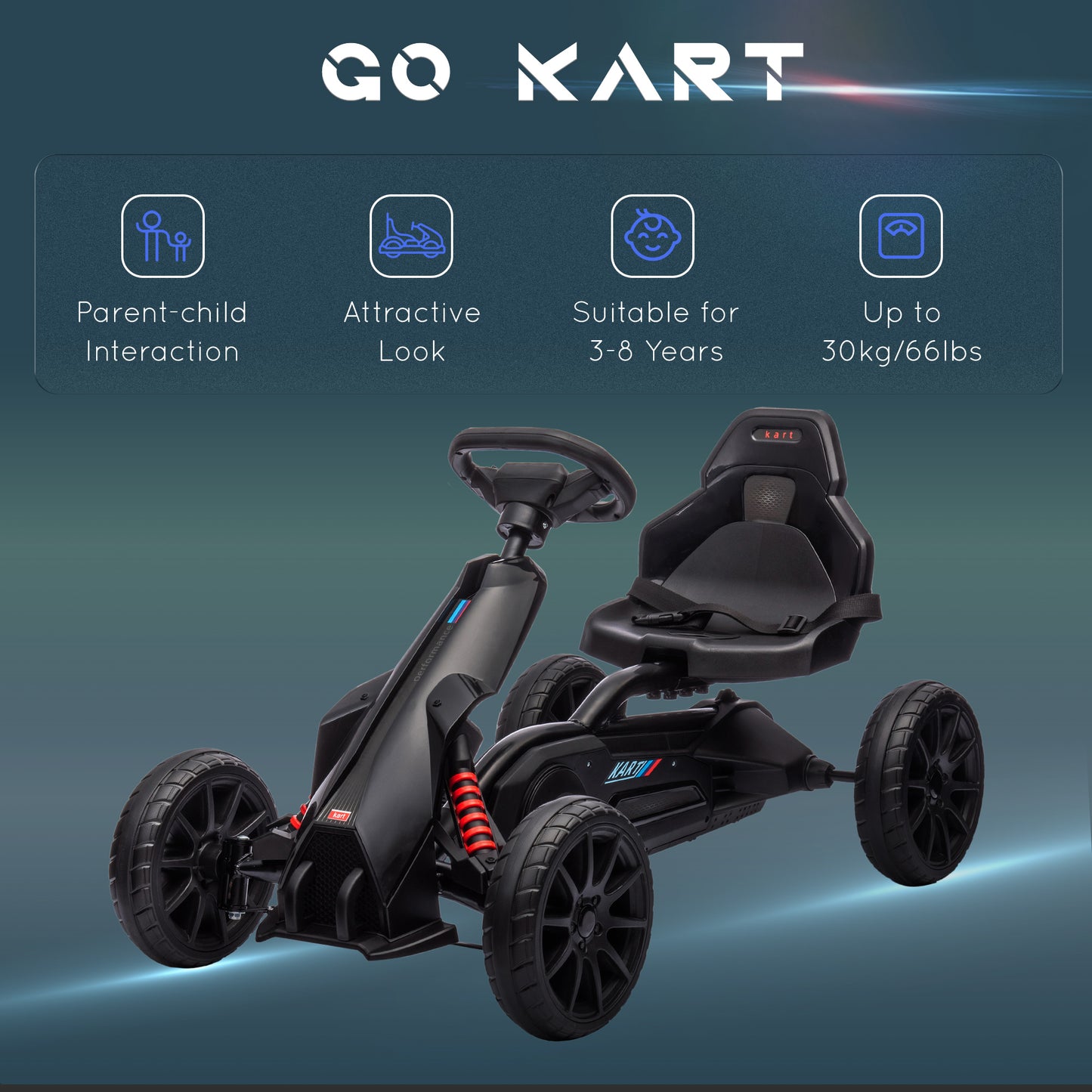 Aosom Pedal Go Kart with Adjustable Seat, Forward, Backward, Handbrake, Shock Absorption for 3-8 Years, Black