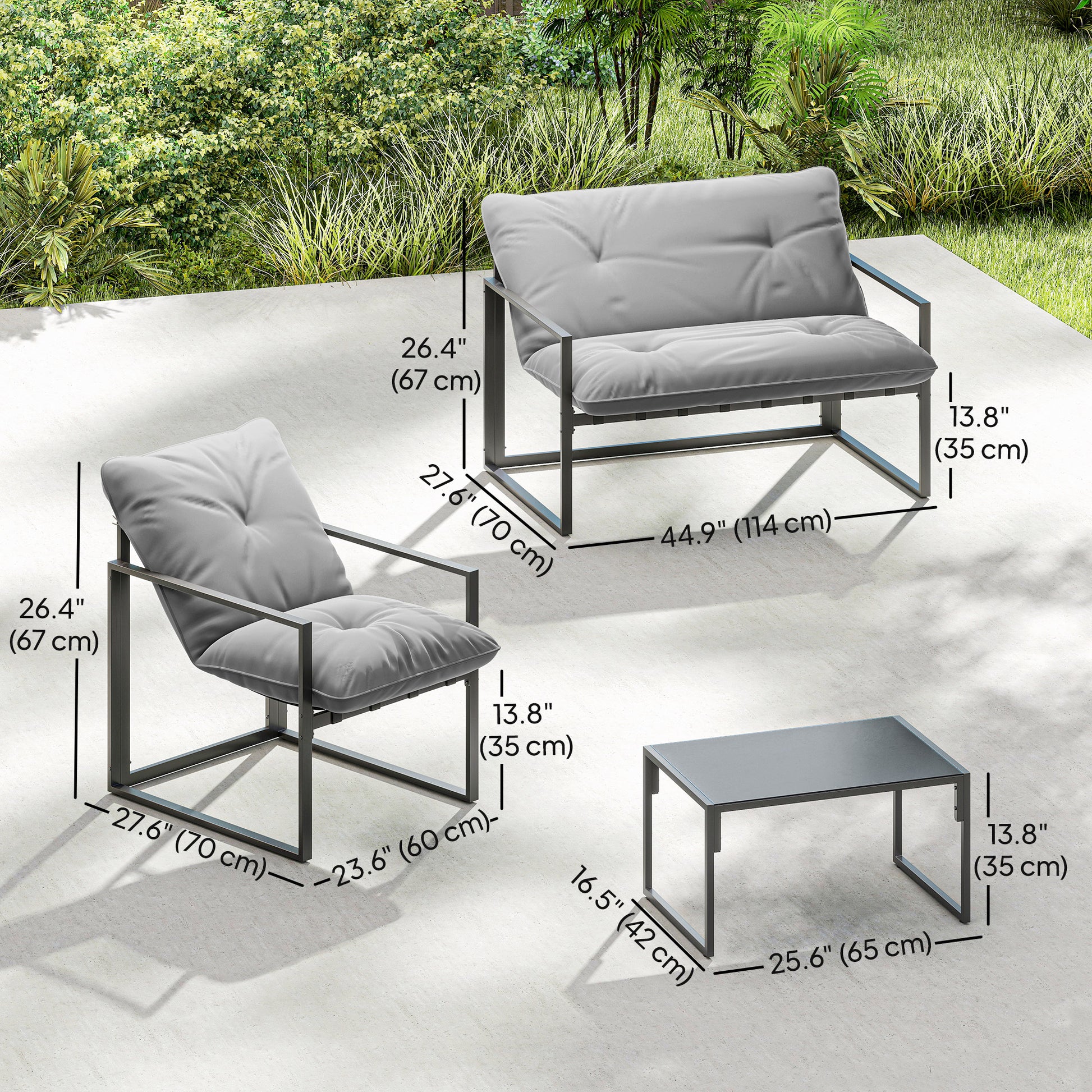 4 Piece Outdoor Furniture Set, Patio Conversation Set with Tempered Glass Table, Loveseat, Chairs, Cushions, Light Grey
