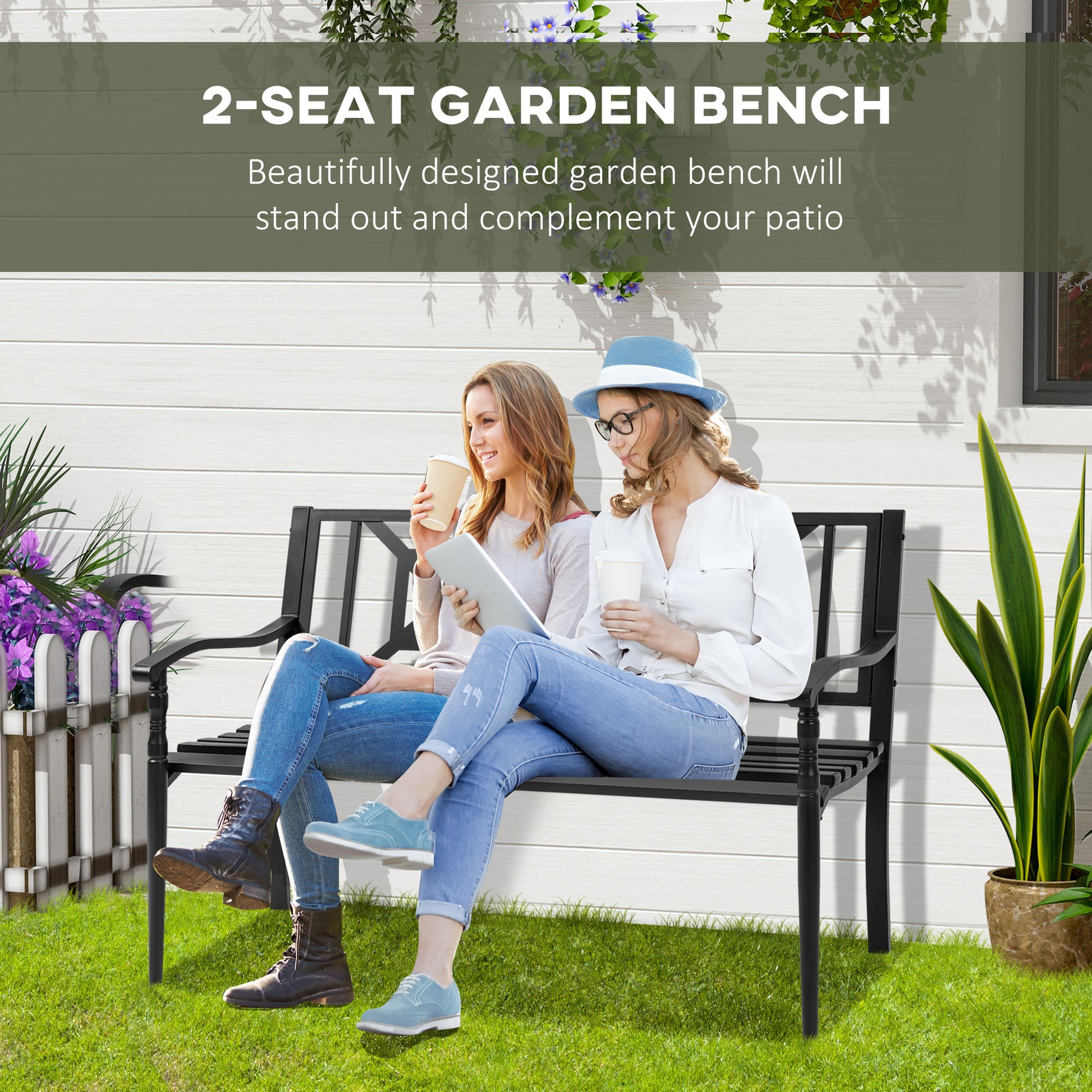 Steel Garden Bench for Outdoor, 2-person Patio Bench, Loveseat Furniture for Lawn, Deck, Yard, Porch, Entryway, Black
