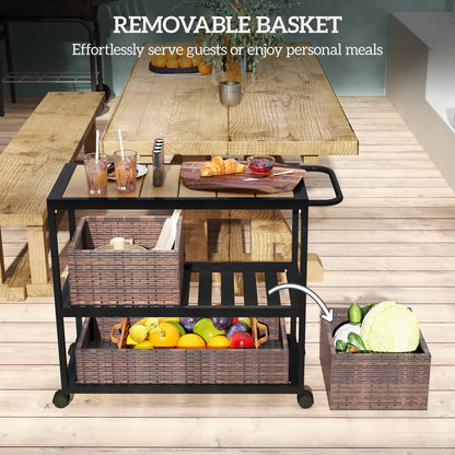 Outdoor Bar Cart with Side Handle, 3-Tier Rolling Cart on Wheels with Removable Rattan Basket, Mixed-Brown