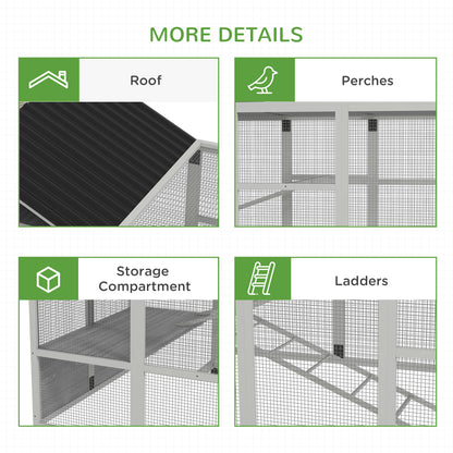 142" Outdoor Wooden Chicken Coop with Run, Ramps, Perches, Storage, Combinable Design for 6 - 10 Chickens, Grey
