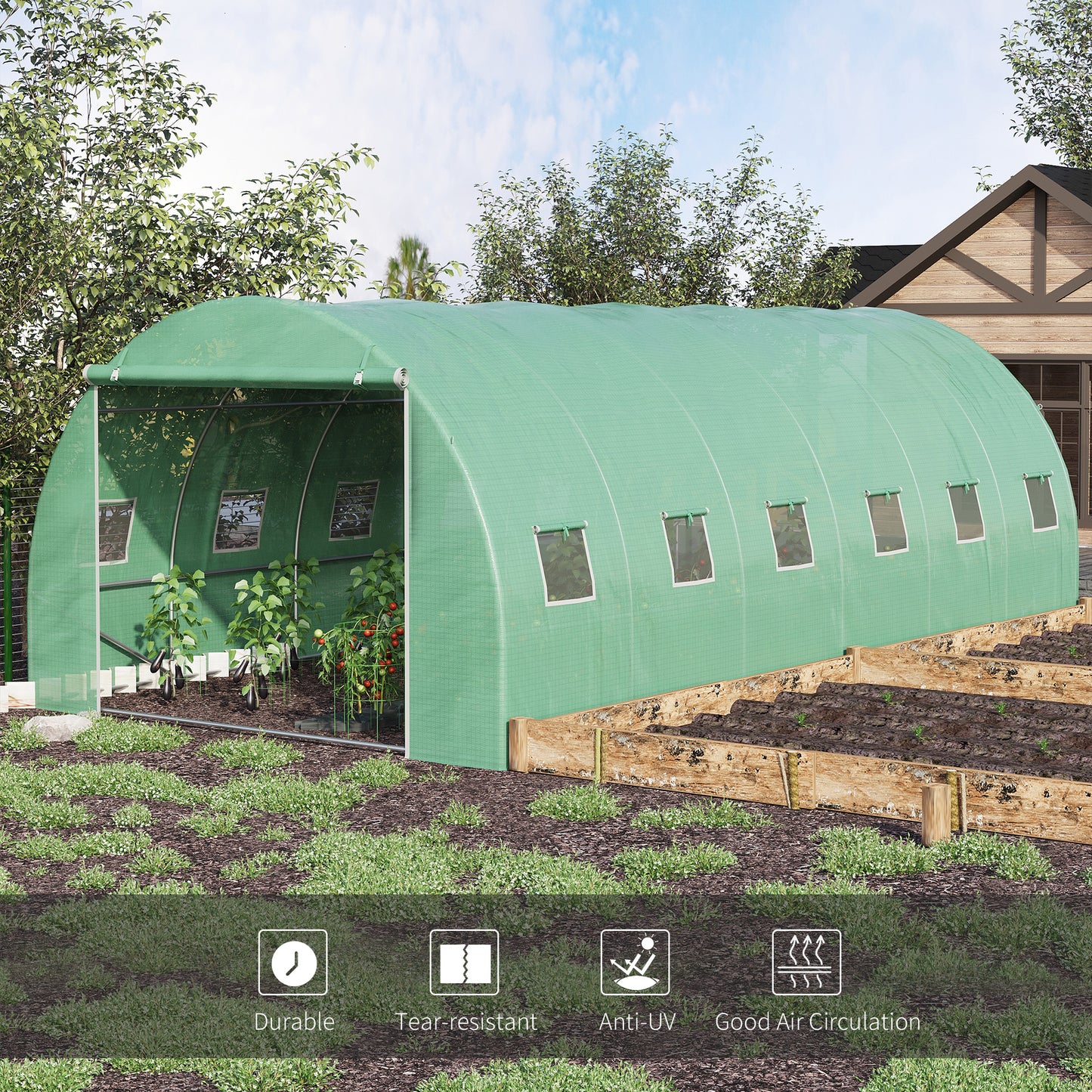 19.7' x 9.8' x 6.6' Large Walk-in Greenhouse Garden Plant Seed Growing Tent Tunnel Shed with Windows and Door Green