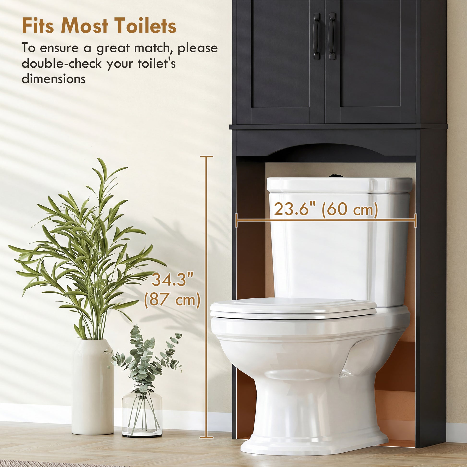 Over the Toilet Storage Cabinet Freestanding Bathroom Organizer with 2 Doors and Open Shelf Black