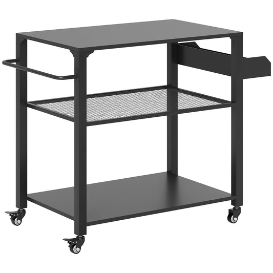 3-Tier Outdoor Grill Dining Cart with Storage Rack, Pizza Oven Stand with Side Handle, 4 Wheels for Backyard Party