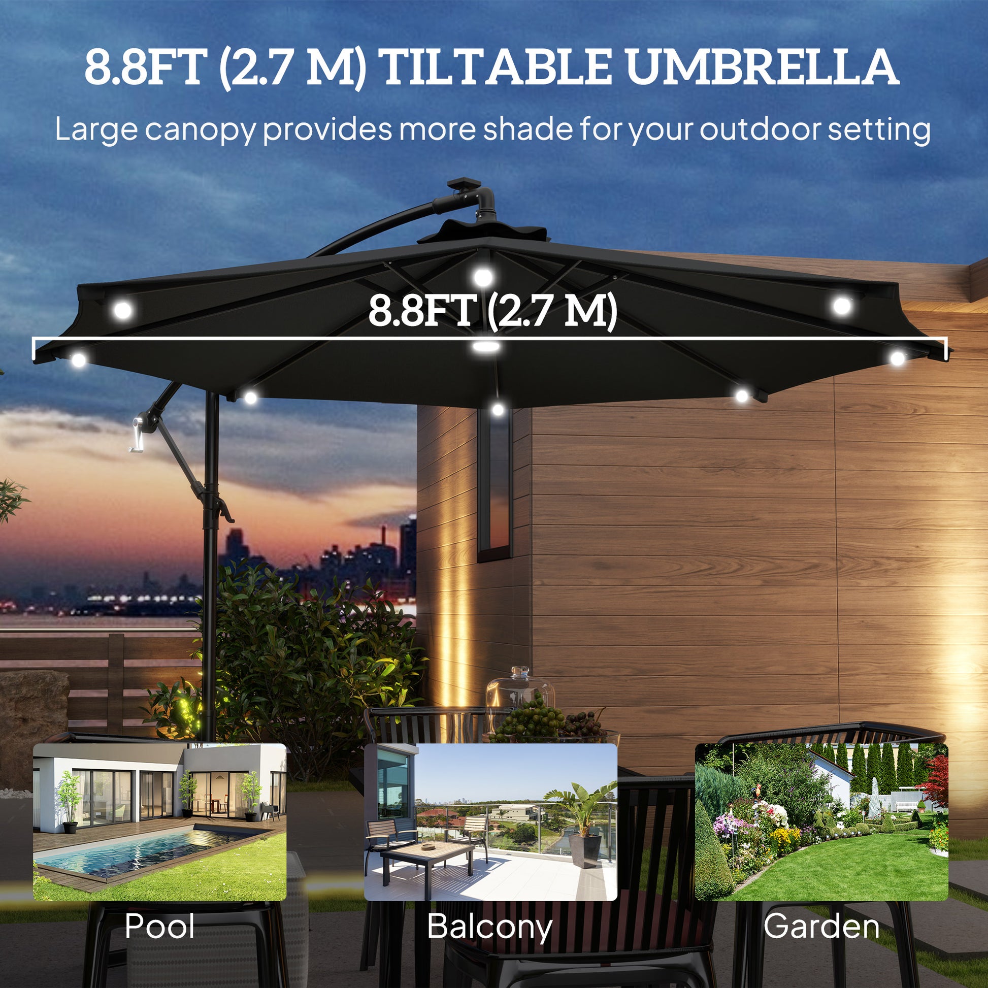 8.8FT Cantilever Patio Umbrella with Solar Powered LED Lights, Crank Handle, Cross Base for Outdoor Sun Shade, Grey
