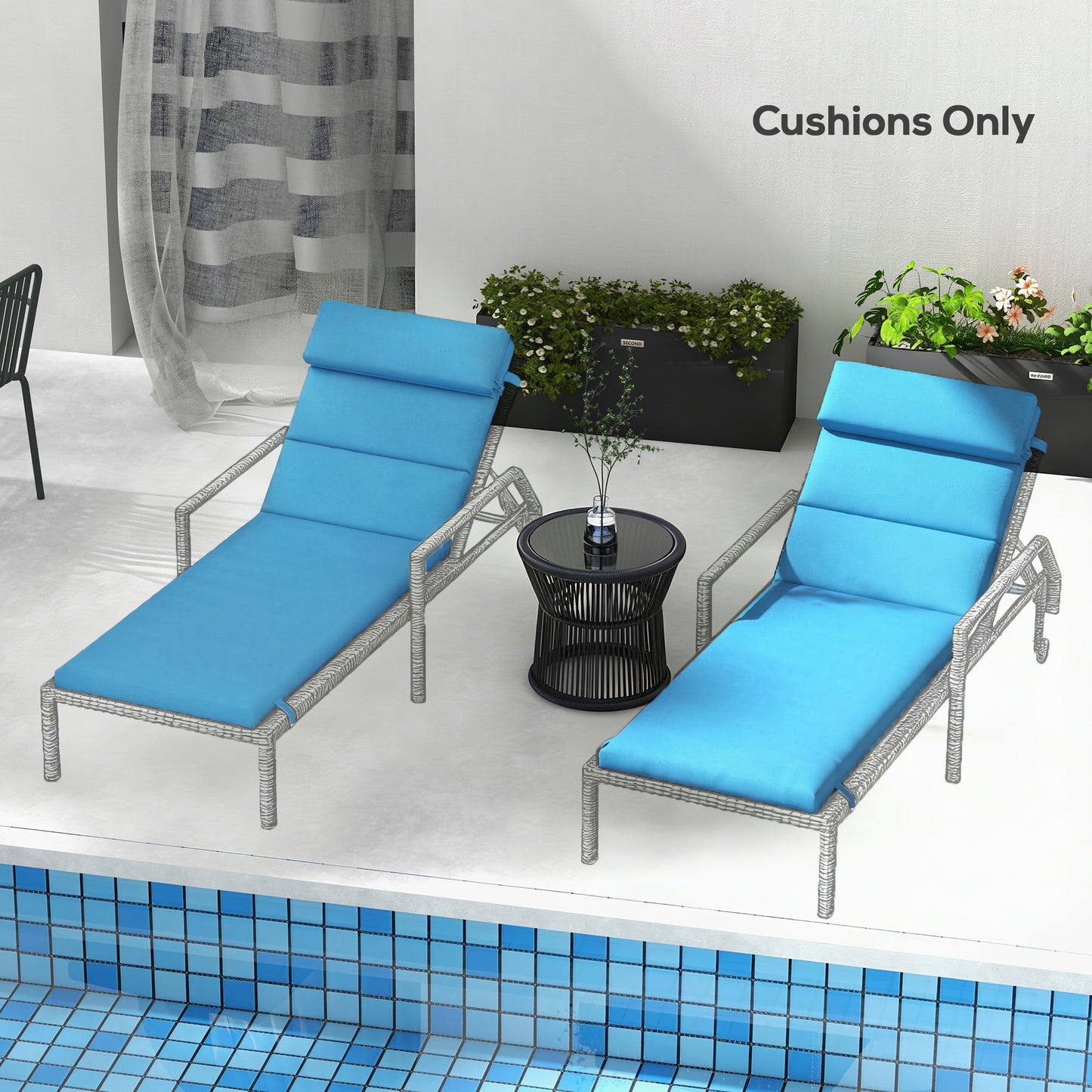 Patio Chaise Lounge Chair Cushions Replacement Sun Lounger Pads with Headrest and Ties, Set of 2, Turquoise