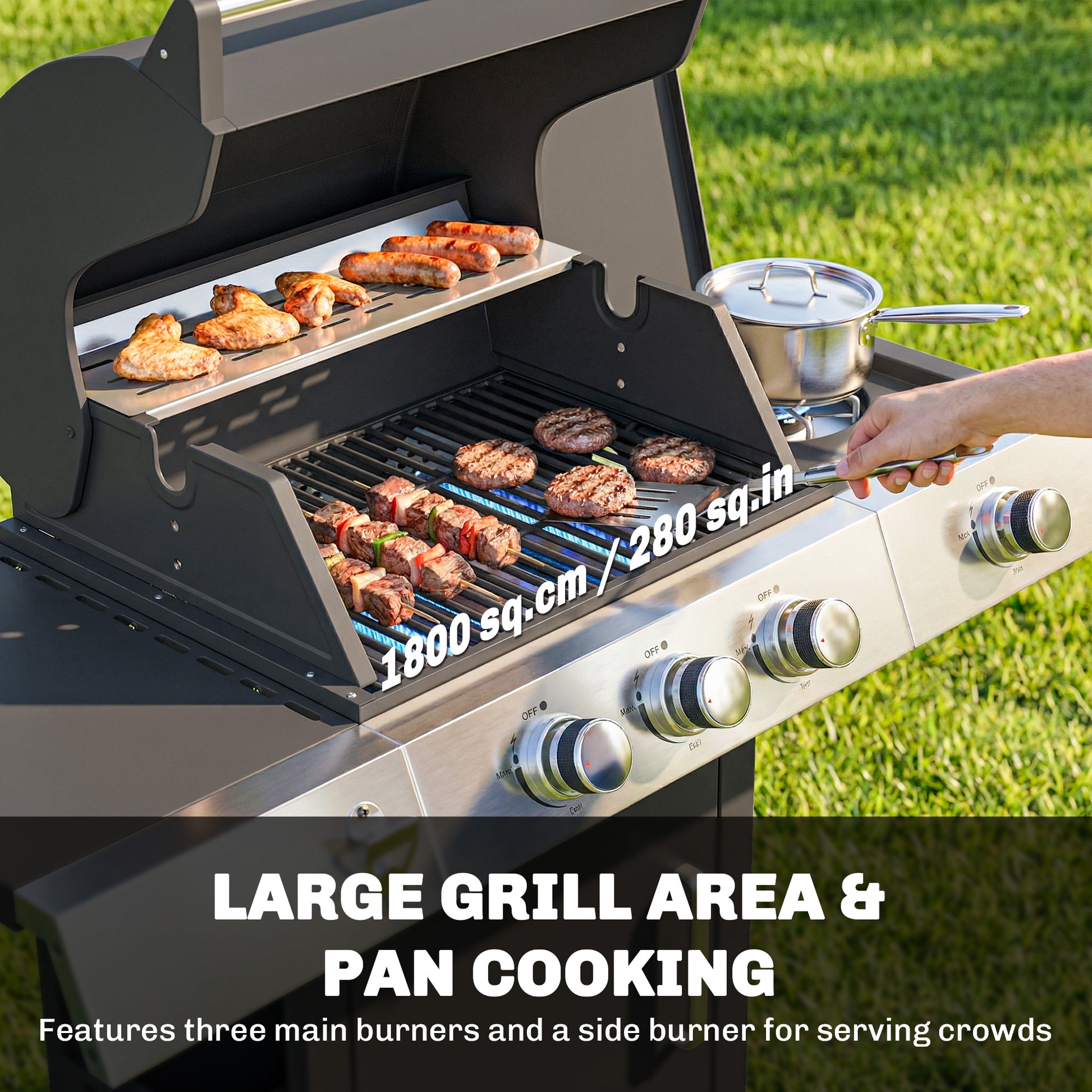 3 Burner Propane Gas Grill with Side Burner, 36,000 BTU BBQ Grill with Cast Iron Grates, Wheels, Warming Rack, Cabinet