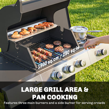 3 Burner Propane Gas Grill with Side Burner, 36,000 BTU BBQ Grill with Cast Iron Grates, Wheels, Warming Rack, Cabinet