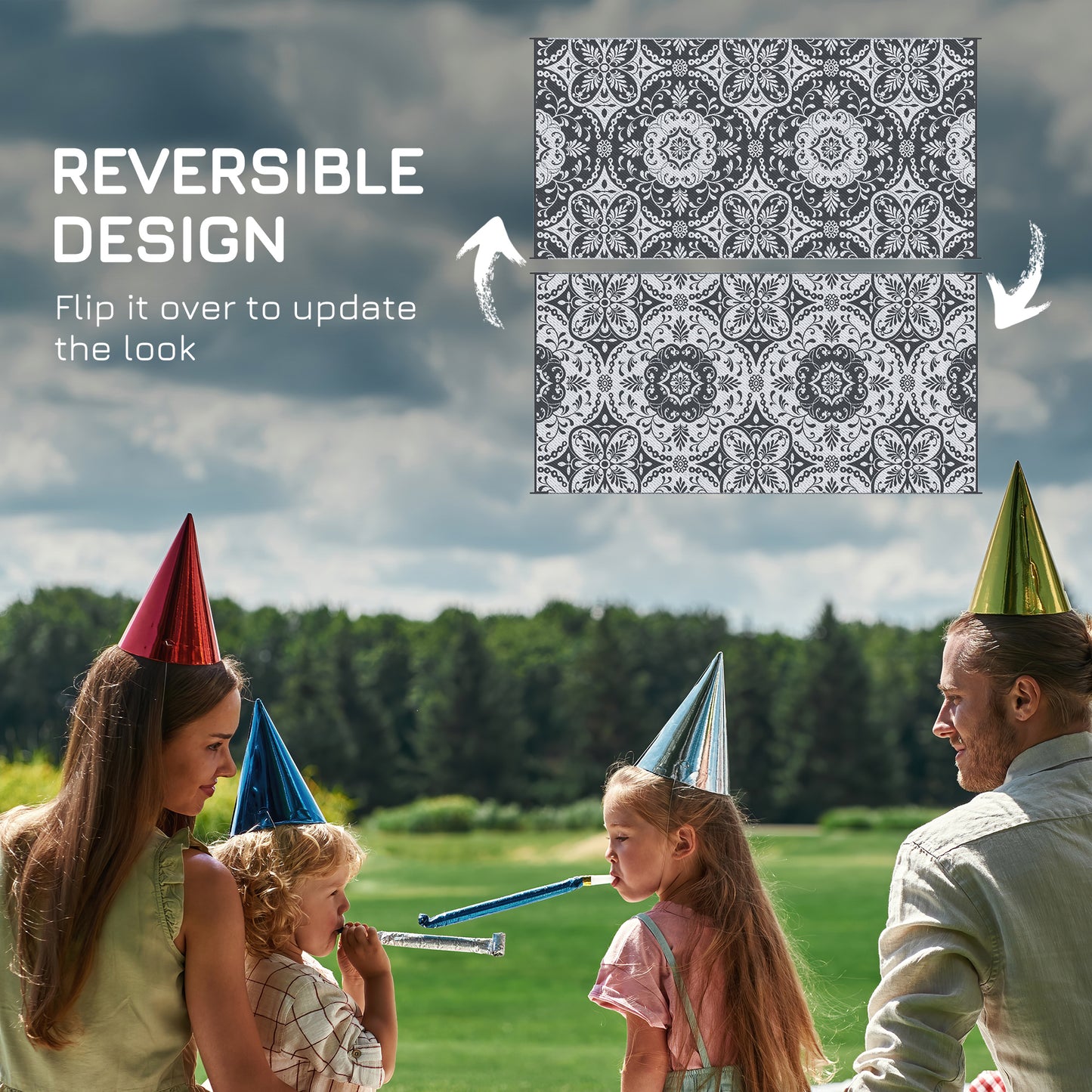 Portable Outdoor Rug with Carry Bag, 9' x 18' Reversible Mat, Waterproof Plastic Straw RV Rug for Backyard, Deck, Picnic, Beach, Camping, Gray & White Flower