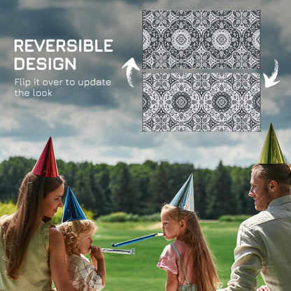 Portable Outdoor Rug with Carry Bag, 9' x 18' Reversible Mat, Waterproof Plastic Straw RV Rug for Backyard, Deck, Picnic, Beach, Camping, Gray & White Flower