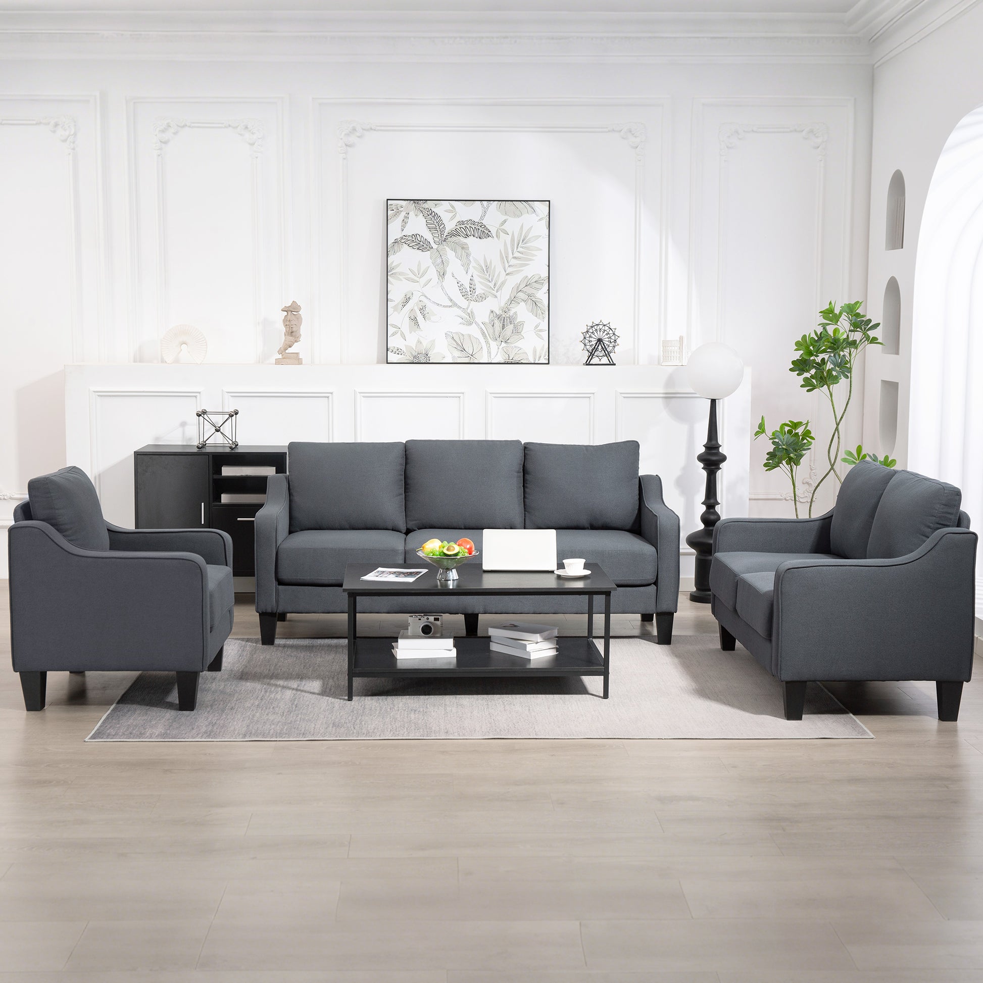 Armchair, Modern Accent Chair with Pocket Spring, Linen Upholstered, Thick Padded, Charcoal Grey