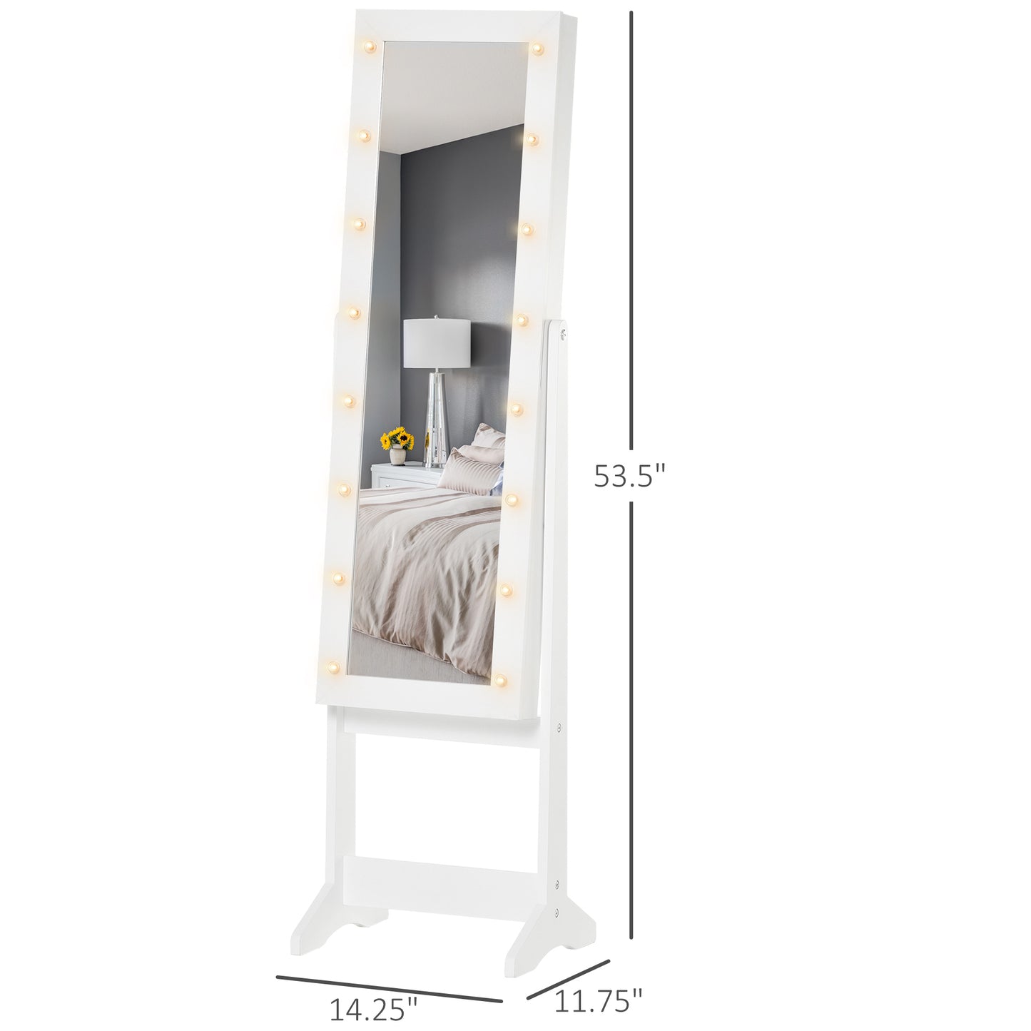 Free Standing Armoire Organizer, Lighted Mirrored Jewelry Cabinet w/ Angle Adjustable & 16 LED Lights Warm White