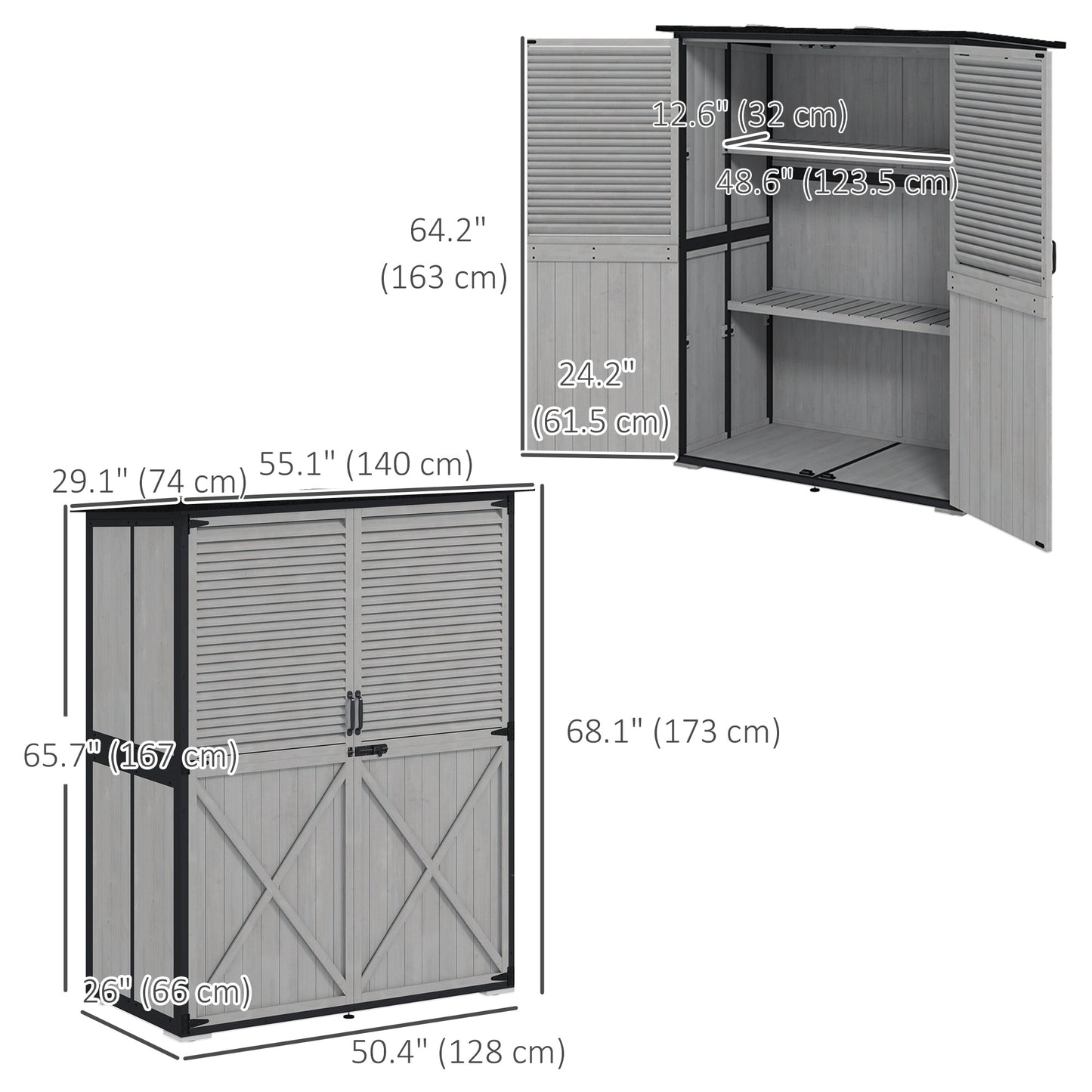 Outdoor Storage Cabinet, Wood Garden Shed with Steel Frame, Asphalt Roof, 2 Shelves and Lockable Doors, Grey