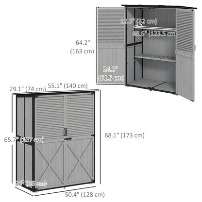 Outdoor Storage Cabinet, Wood Garden Shed with Steel Frame, Asphalt Roof, 2 Shelves and Lockable Doors, Grey