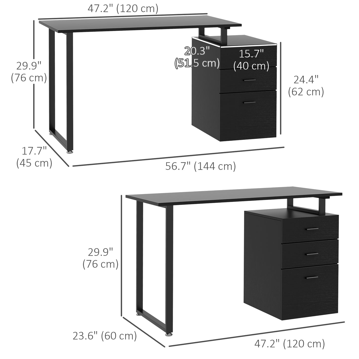 47" Computer Desk with Drawers, Modern Writing Desk with Storage File Drawers for Home Office, Study, Black