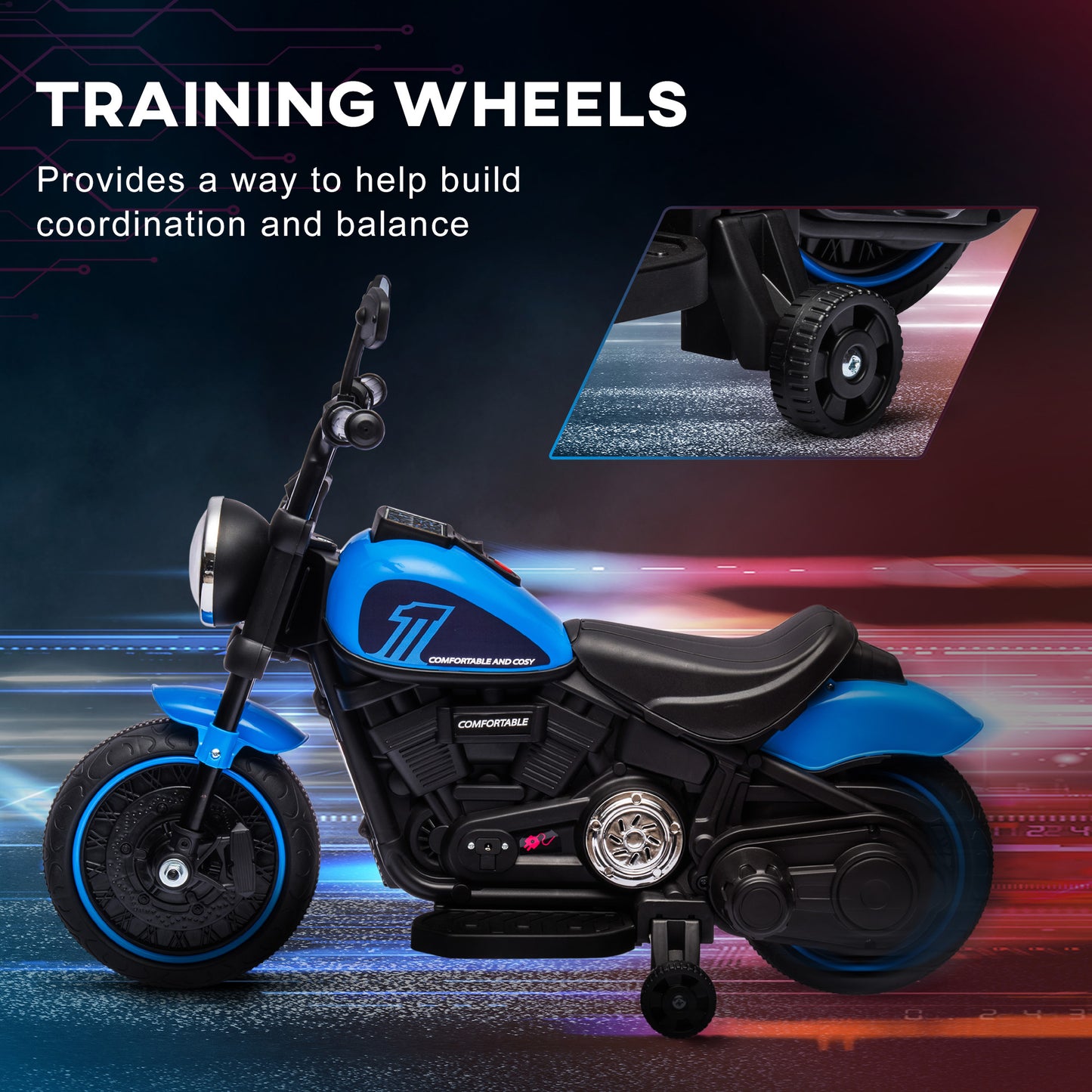 Aosom 6V Kids Motorcycle with Training Wheels, Foot Pedal, Headlight, Music, Forward/Reverse, Single-Button Start, Blue