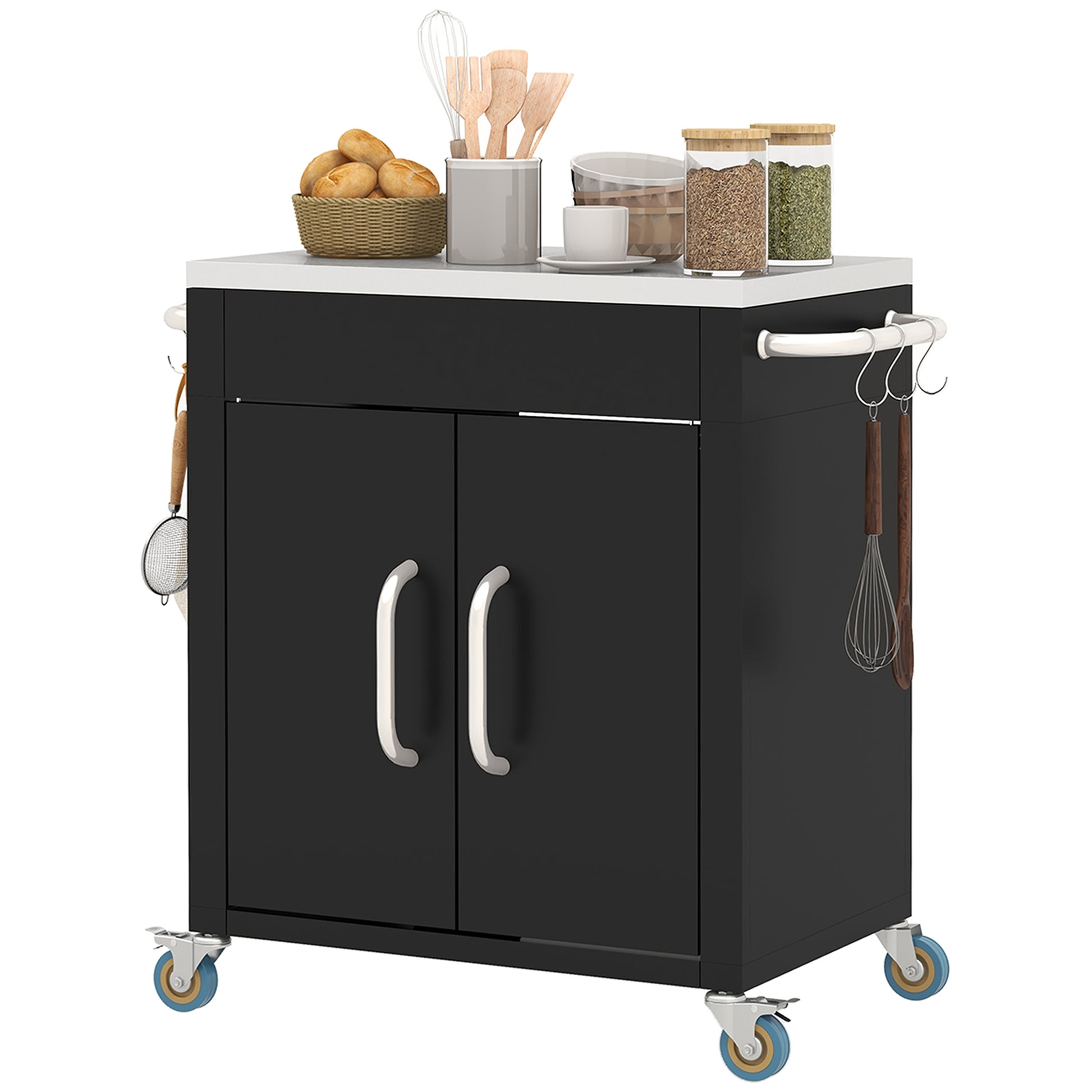 Outdoor Grill Cart with Stainless Steel Top, Pizza Oven Table with Wheels Hooks Cabinet Handles, Black