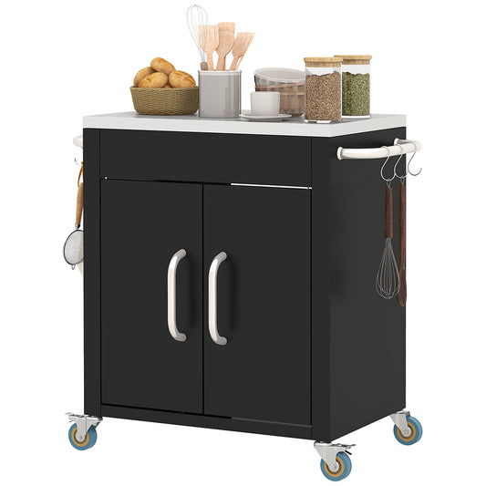 Outdoor Grill Cart with Stainless Steel Top, Pizza Oven Table with Wheels Hooks Cabinet Handles, Black