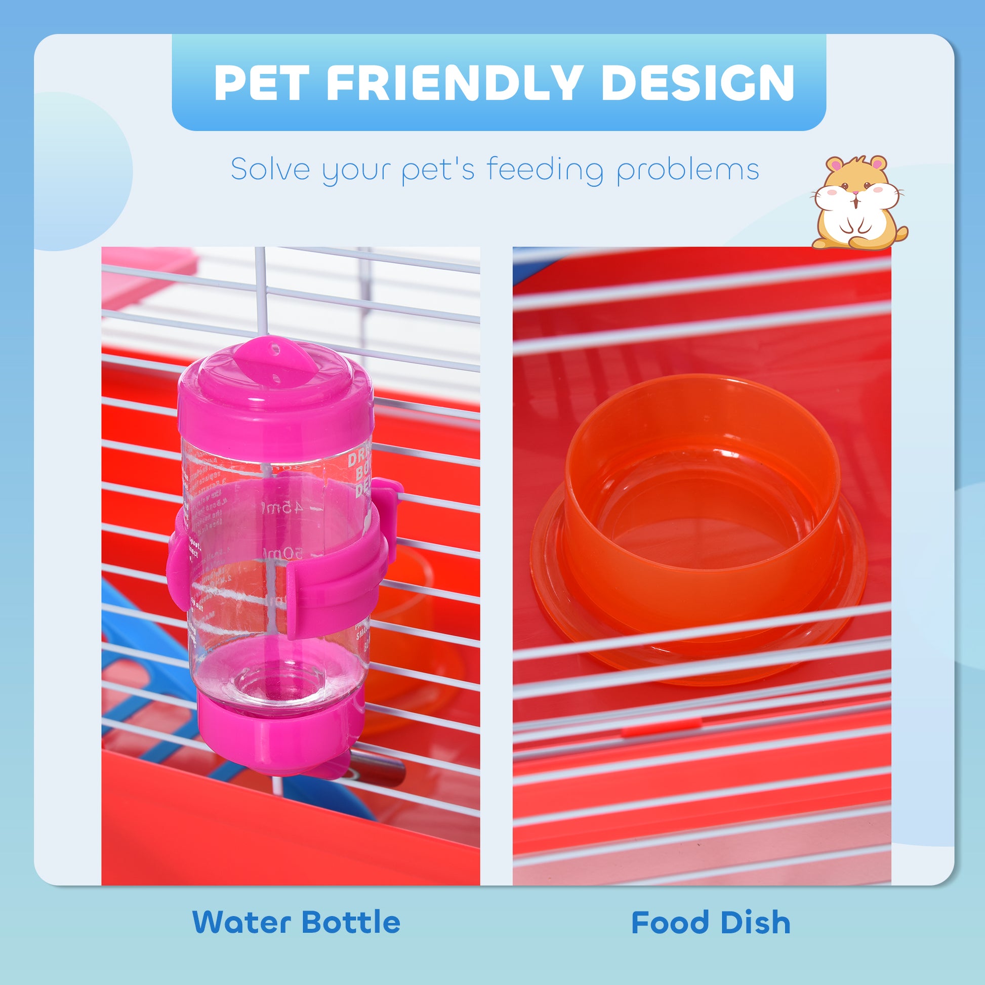 18.5'' Hamster Cage with Exercise Wheel and Water Bottle Dishes, Rat House and Habitats 2 Storey Design, Red