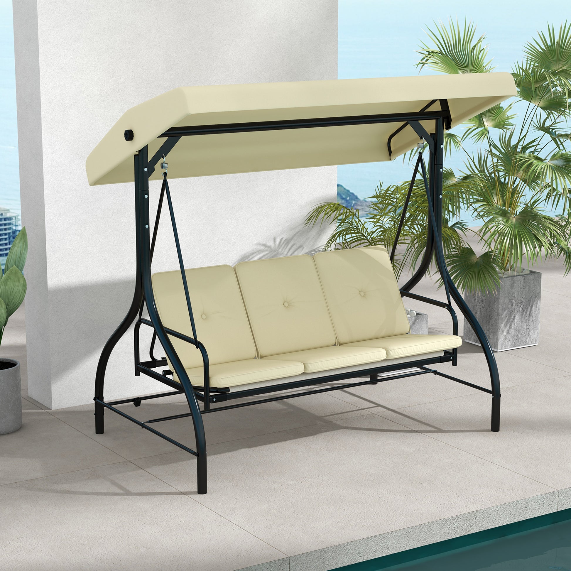Convertible Patio Swing Bed with Canopy and Cushions, 3 Seater Porch Swing for Outdoor, Backyard, Garden, Beige