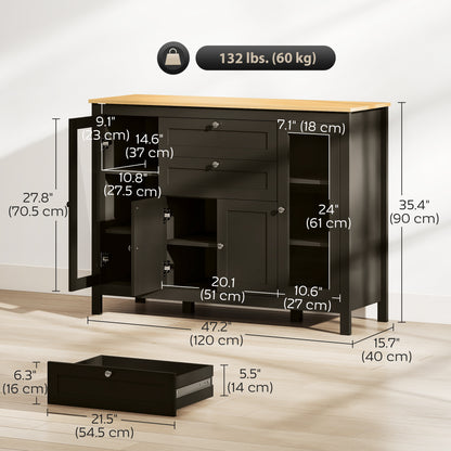 Buffet Cabinet Sideboard with 2 Drawers, 3 Storage Cabinets, Glass Doors and Adjustable Shelves, Dark Brown