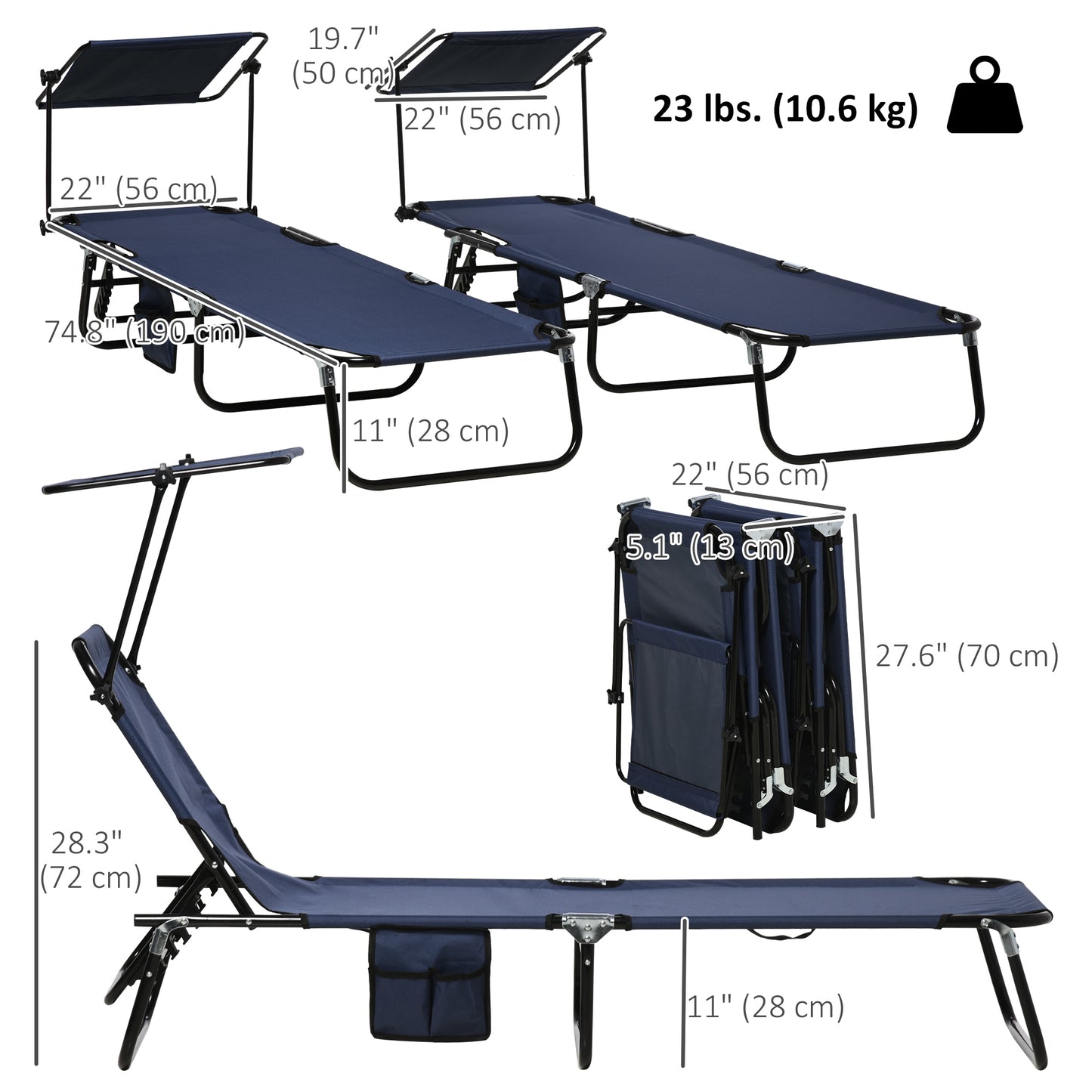 2 Piece Folding Outdoor Chaise Lounges, Pool, Sun, Tanning Chairs with Reclining Back, Sunshade for Beach, Patio, Blue