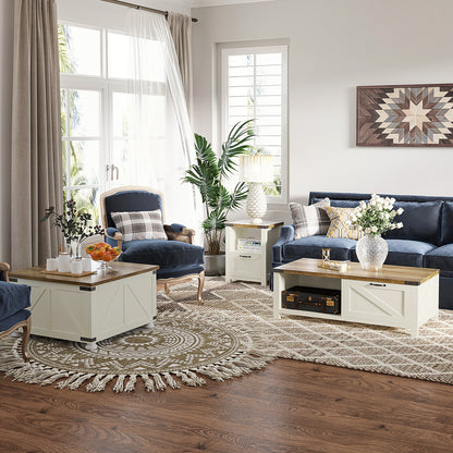 Farmhouse Coffee Table, Square Center Table with Flip-top Lids, Hidden Storage Compartment and Wooden Legs, Antique White