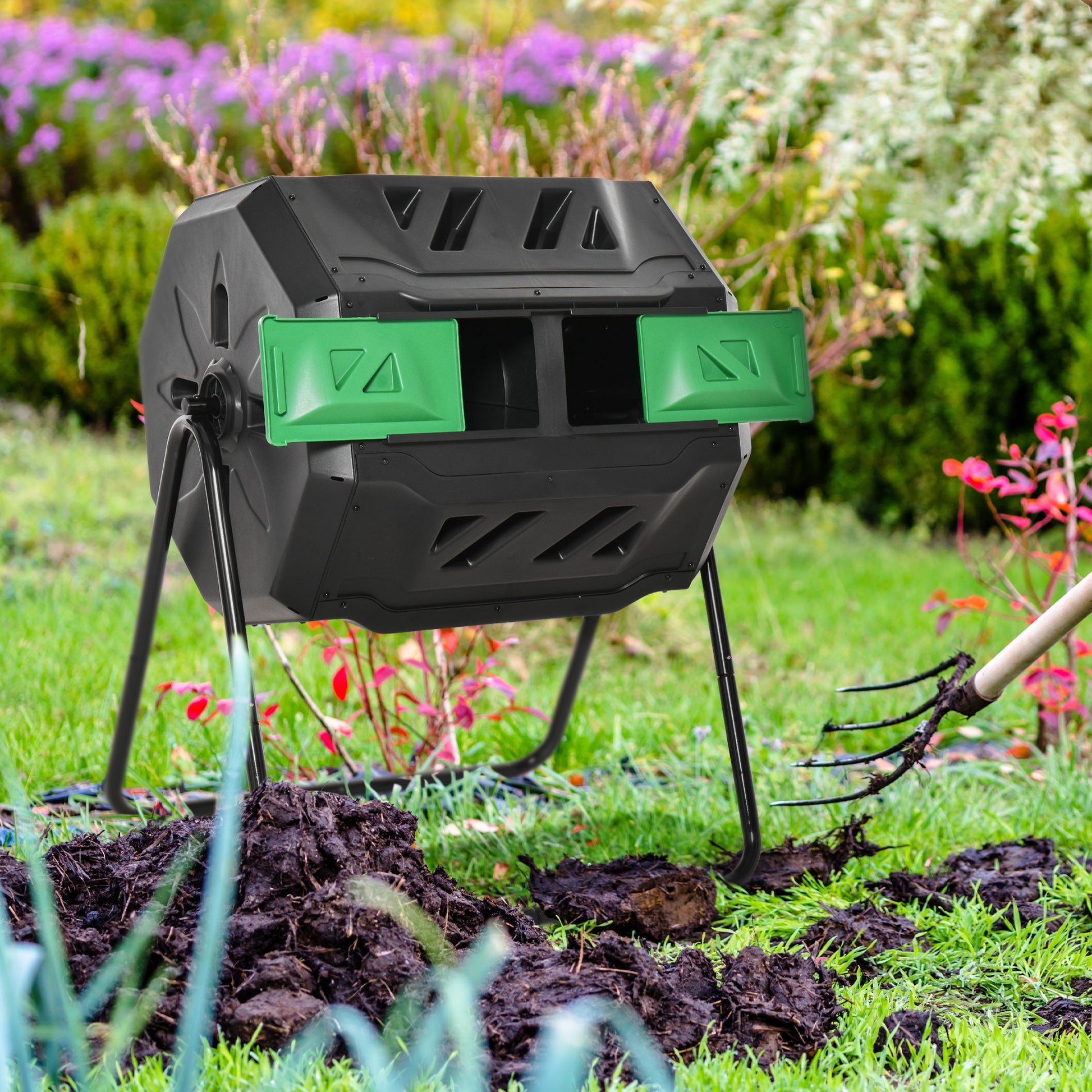 Tumbling Compost Bin Outdoor Dual Chamber 360° Rotating Composter 43 Gallon with Sliding Doors, Green