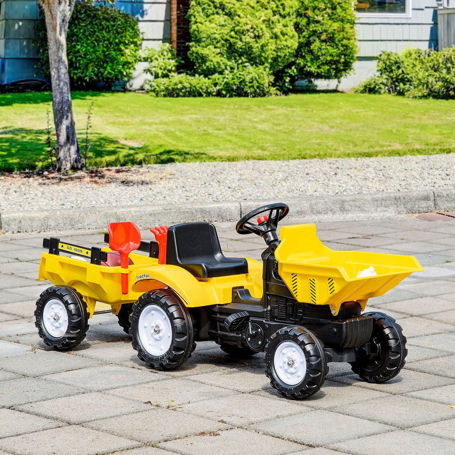 Aosom Ride on Toy Dump Truck for Kids, Pedal Construction Car with Detachable Trailer for 3 Year Old, Yellow