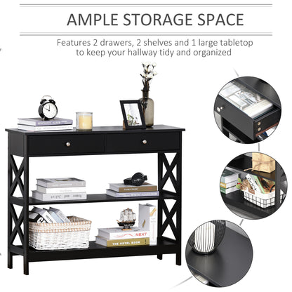 39" Console Table, Narrow Entryway Table with Storage Shelves, Drawers and X Frame for Behind Couch, Living Room, Hallway, Black