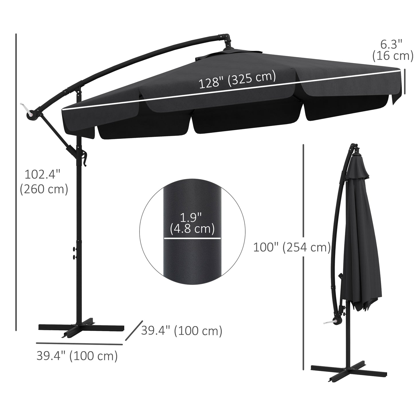 11 FT Cantilever Patio Umbrella Offset Parasol with Cross Base and 8 Ribs for Garden, Black