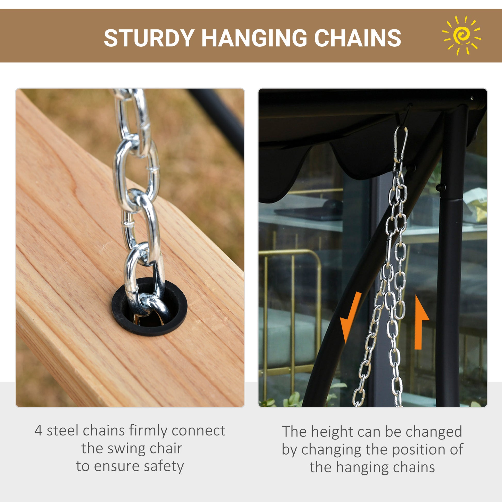 3 Seater Patio Swing Chair Wood Porch Swing with Foldable Table, Cup Holders, Steel Chains for Garden, Yard, Natural