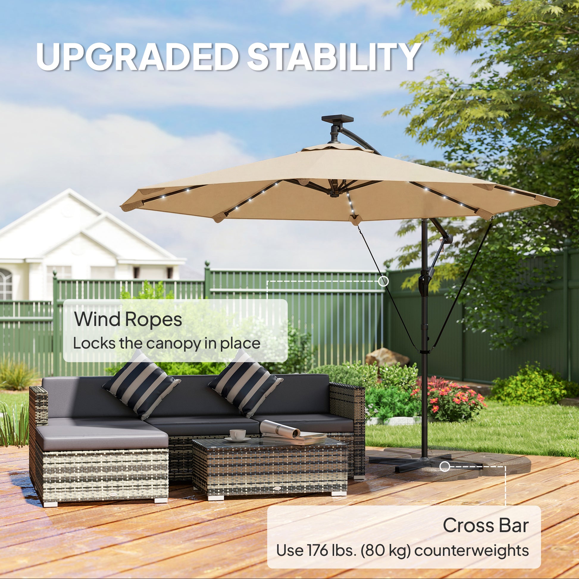 9.7ft Solar LED Cantilever Patio Umbrella with 32 LED Lights, Cross Base, Crank Handle, for Poolside, Deck, Khaki