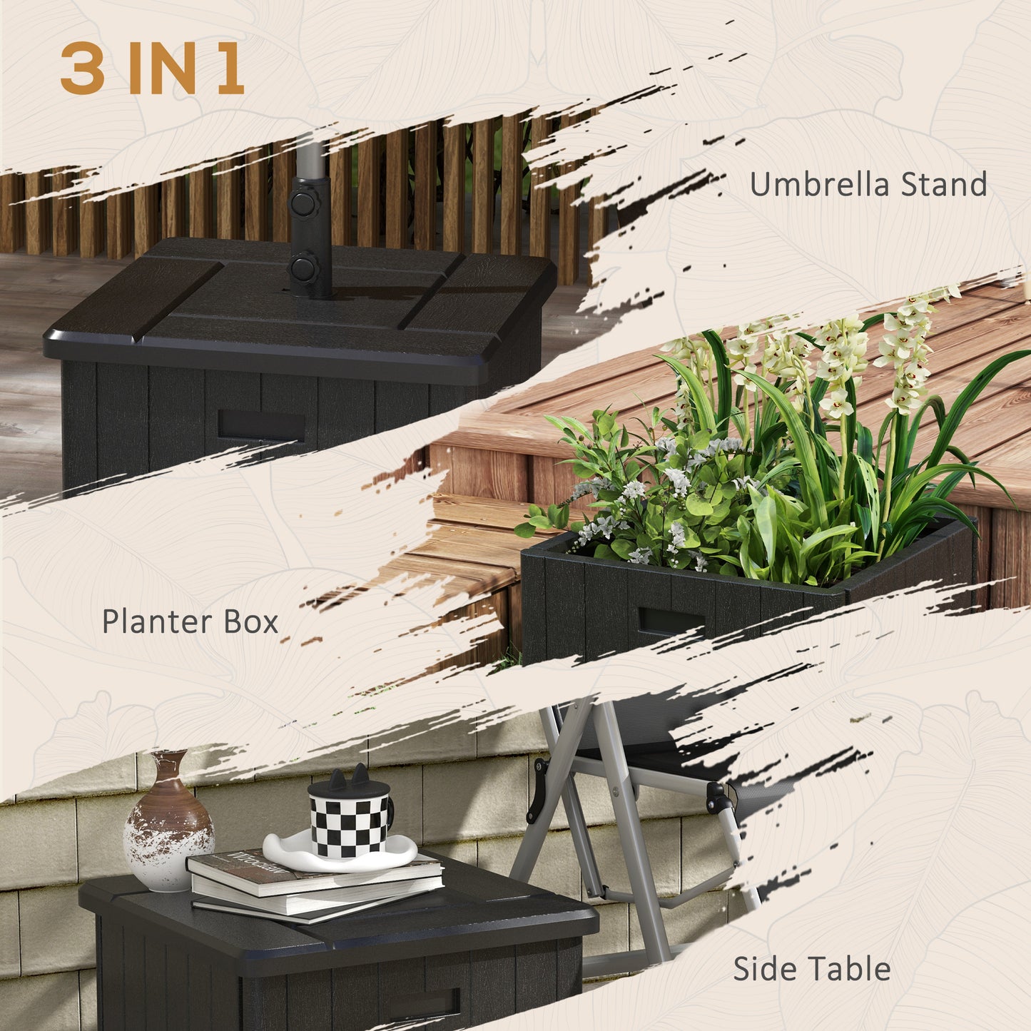 3-in-1 Outdoor Umbrella Base with Wheels and Handles, End Table, Flower Box Planter with Hole, 176 lbs. Capacity, Black