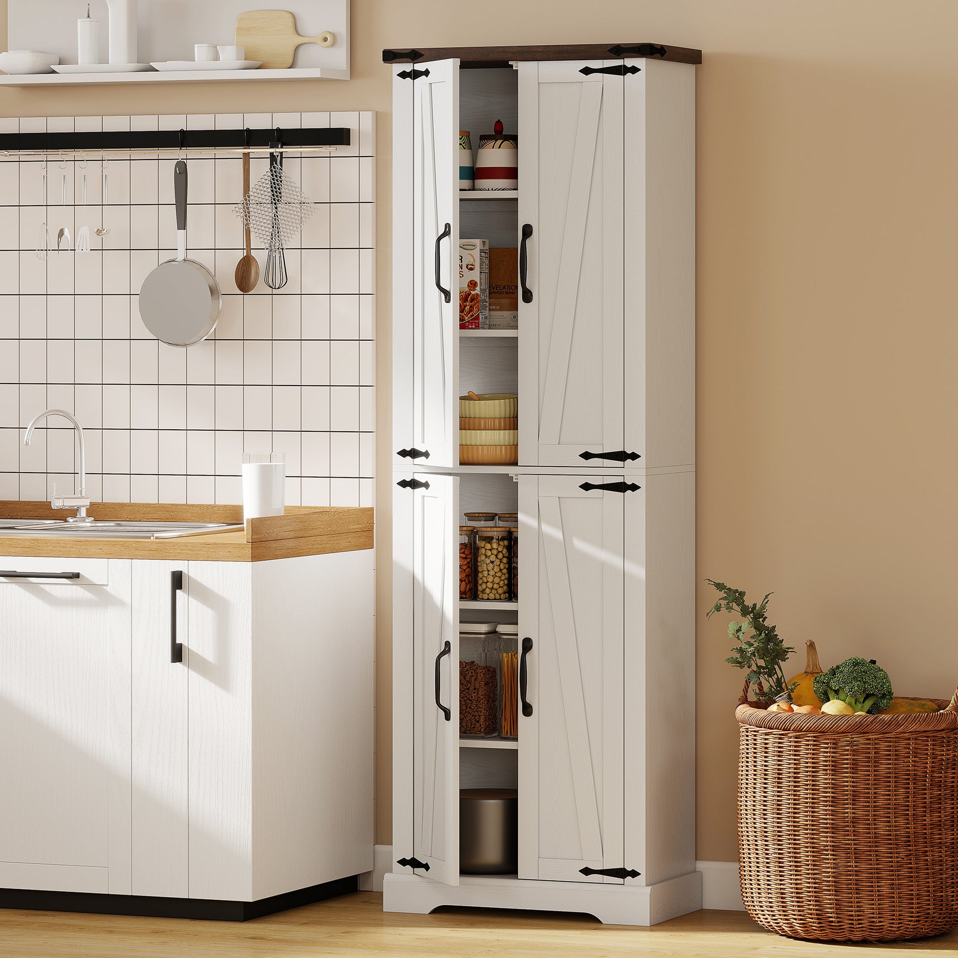 72" Pantry Cabinet, Farmhouse Freestanding Kitchen Storage Cabinet with Adjustable Shelves for Dining Room, White