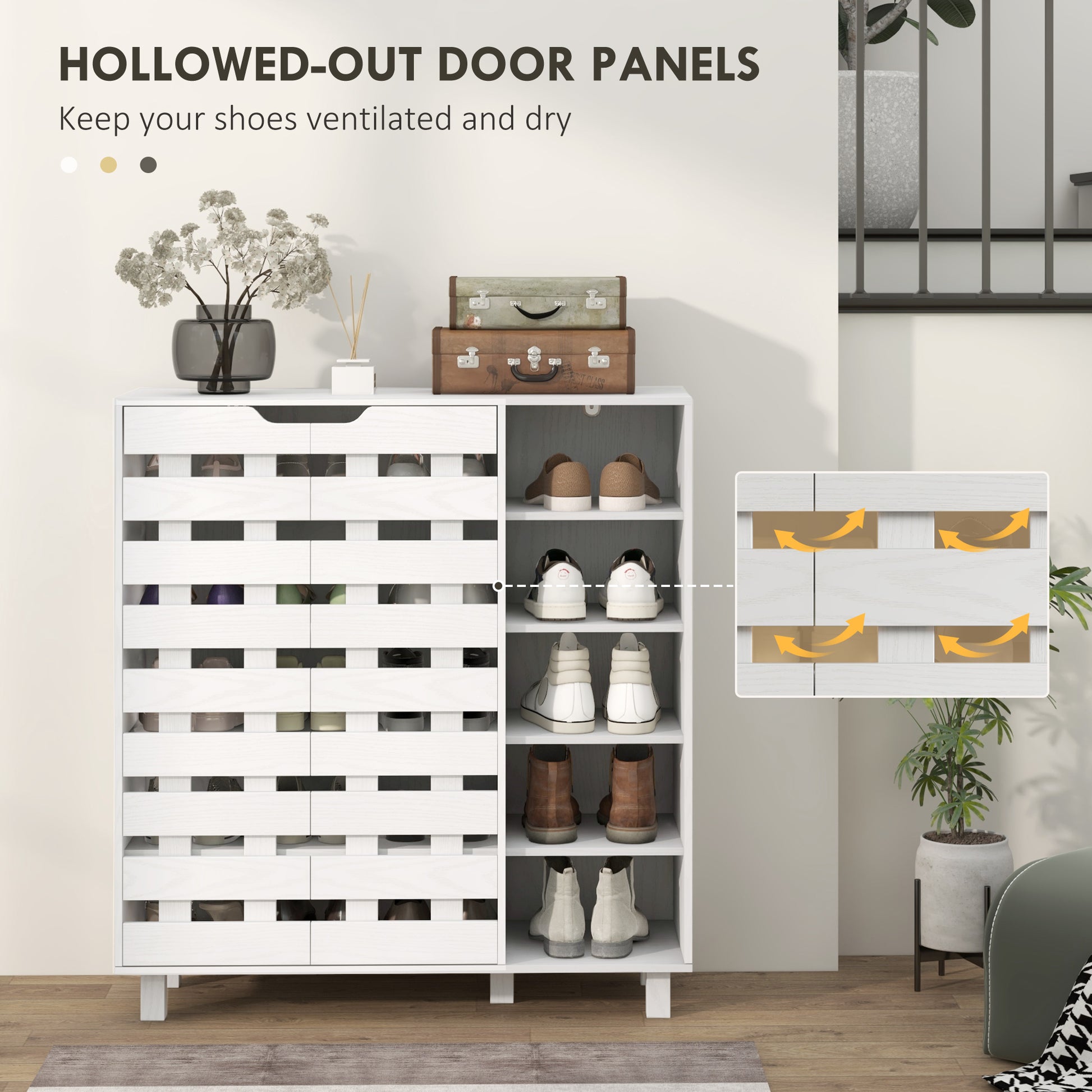 Shoe Cabinet, 21 Pair Shoe Storage Cabinet Organizer with 5-tier Double Door Cupboard and 5-tier Open Shelves, White