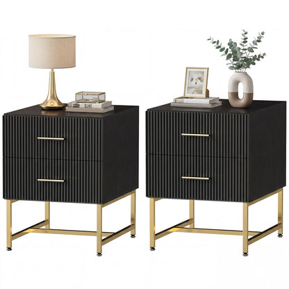 2 Pieces Nightstands with Storage, Modern Bedside Tables with 2 Fluted Drawers and Gold Legs for Bedroom, Black