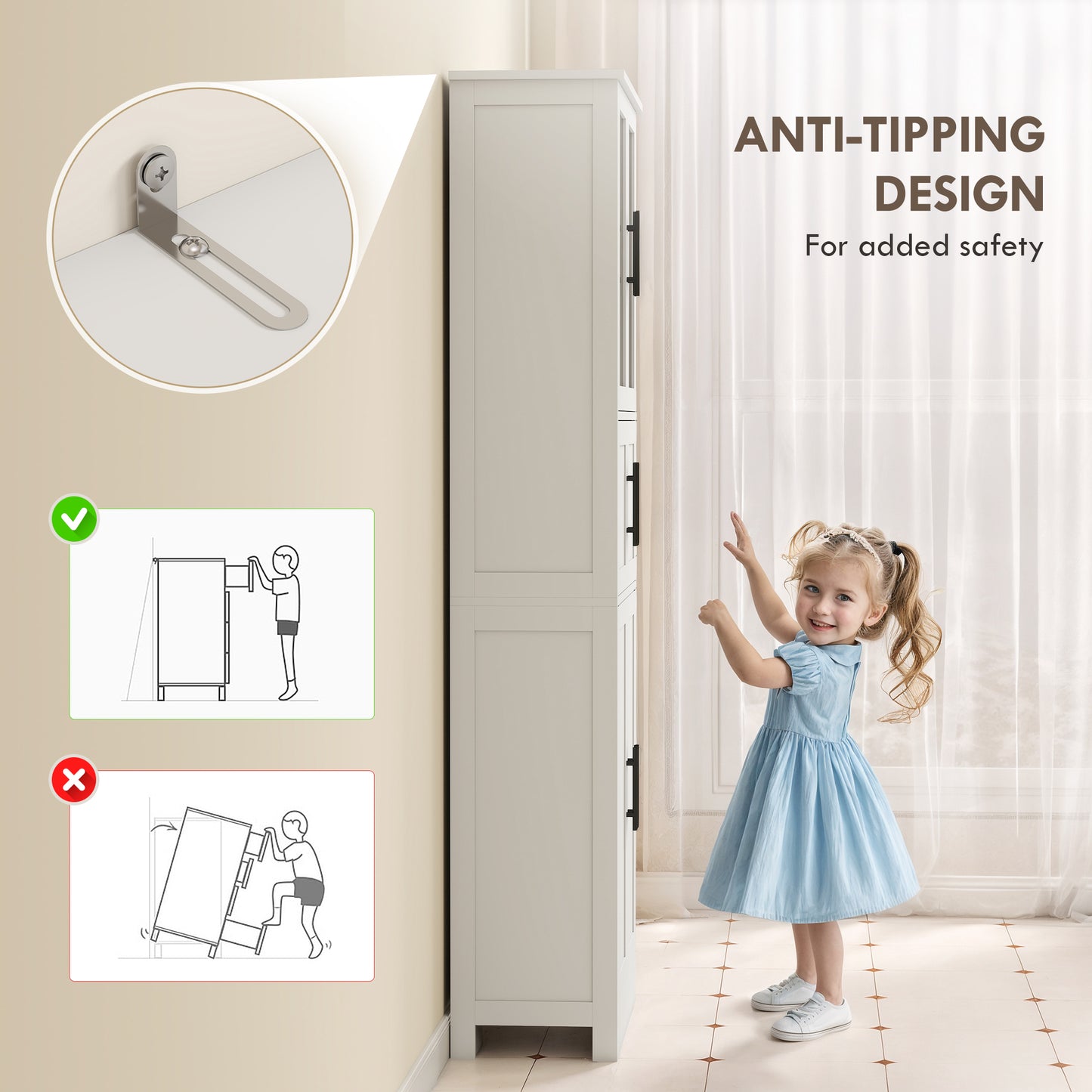 67" Tall Bathroom Storage Cabinet, Modern Freestanding Bathroom Cabinet with Glass Doors and Adjustable Shelves, White