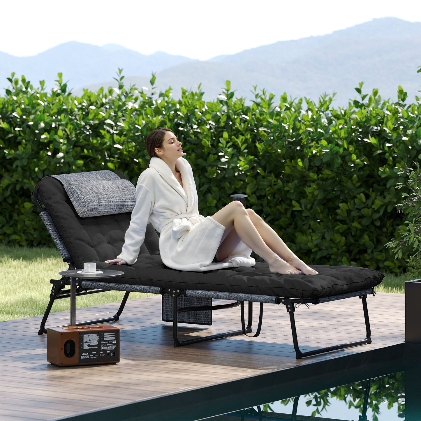 Folding Lounge Chair with 4-level Reclining Back & Cushion, Black