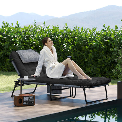 Folding Lounge Chair with 4-level Reclining Back & Cushion, Black