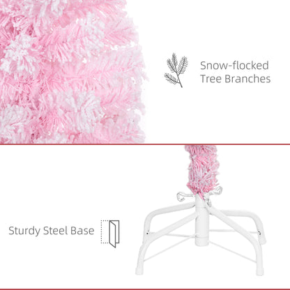 4 ft Flocked Pencil Christmas Tree, Artificial Christmas Tree with Realistic Branches, Auto Open and Steel Base, Pink