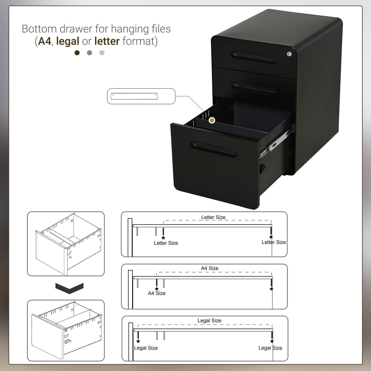 Lockable File Cabinet, Steel Filing Cabinet on Wheels for Legal, A4, Letter Size, Home Office