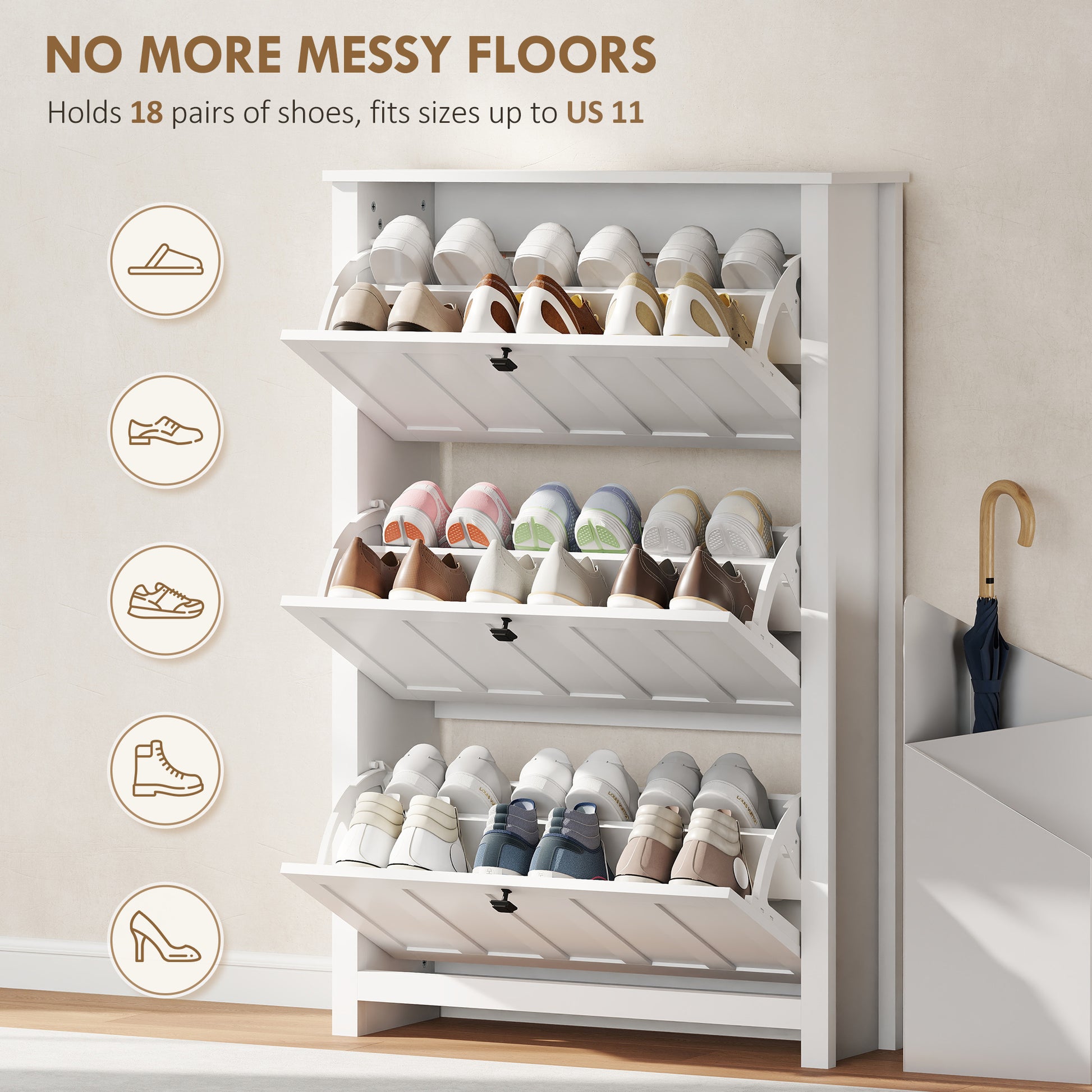 Slim Shoe Cabinet with 3 Flip Drawers, Shoe Storage Cabinet with Adjustable Shelves for Entryway, Holds 18 Pairs, White