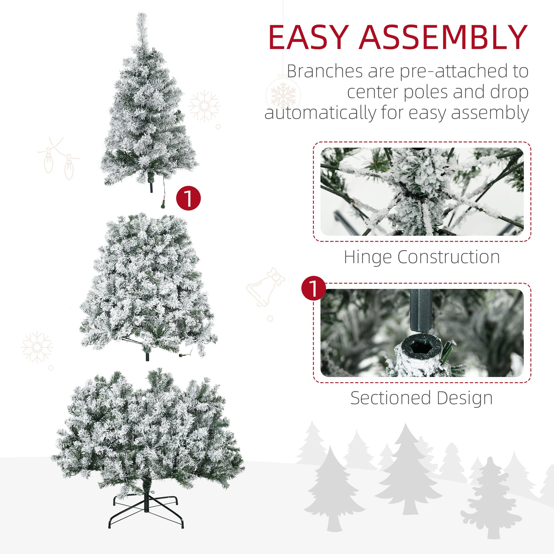 7.5ft Artificial Prelit Christmas Tree with Warm White LED Light, Snow Flocked Branches, Metal Base, Xmas Tree