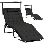 Folding Lounge Chair with Adjustable Canopy, 4-Position Outdoor Tanning Chair with Headrest, Black