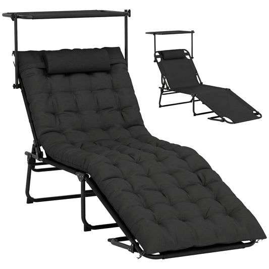 Folding Lounge Chair with Adjustable Canopy, 4-Position Outdoor Tanning Chair with Headrest, Black