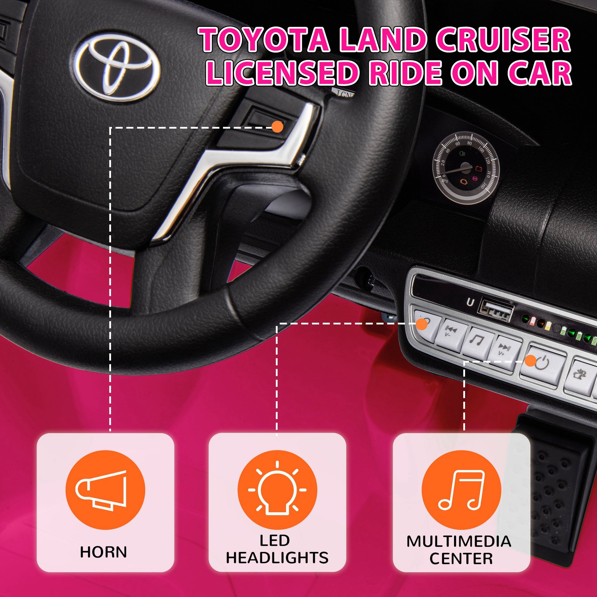 Qaba 12V Toyota LAND CRUISER Licensed Kids Car w Remote Control, Four Wheel Spring Suspension, Soft Start, LED Light, Pink